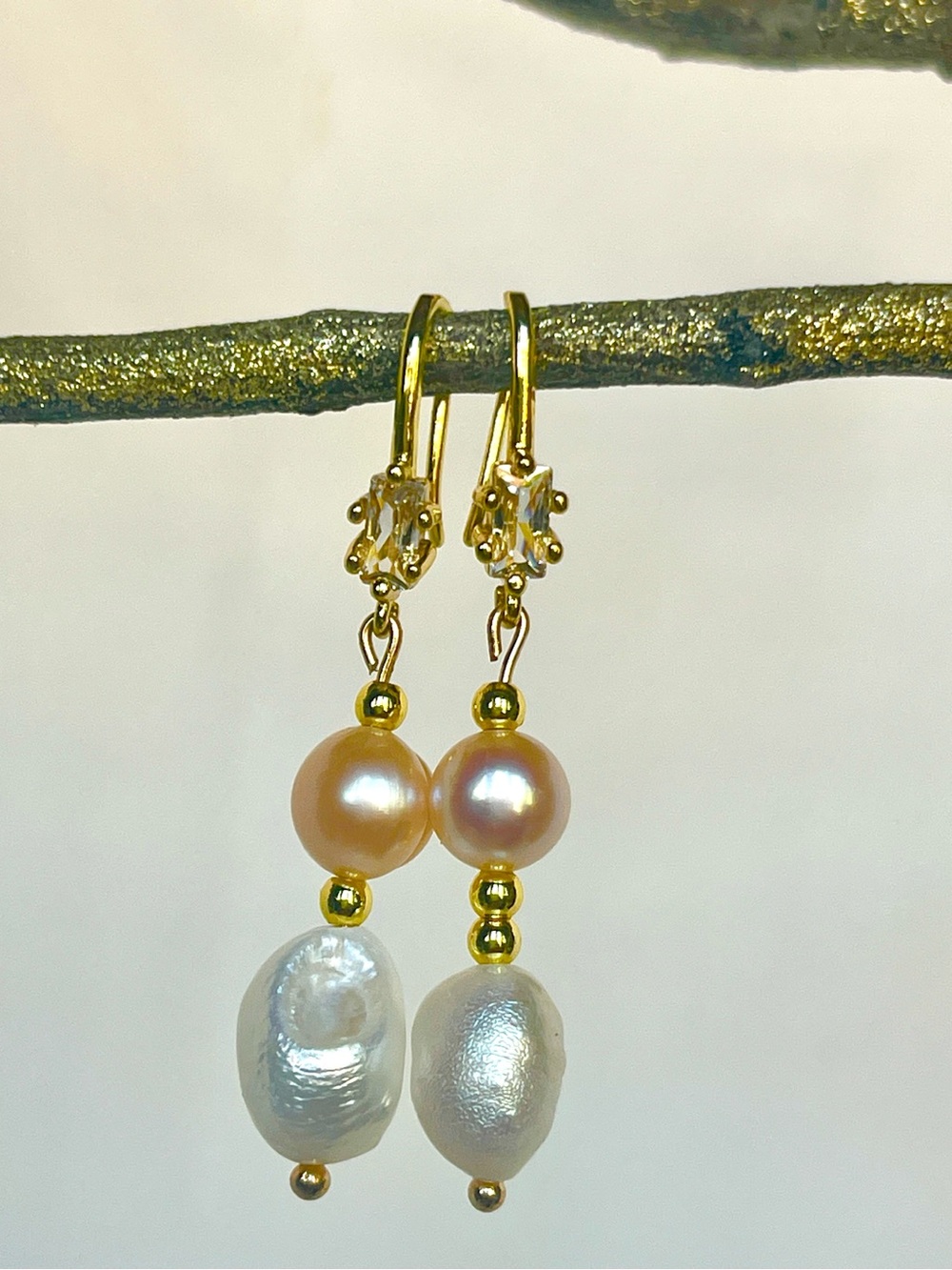 Cultured Baroque Pearl Asymmetric Dangling White Champagne Hue Crystal Earrings